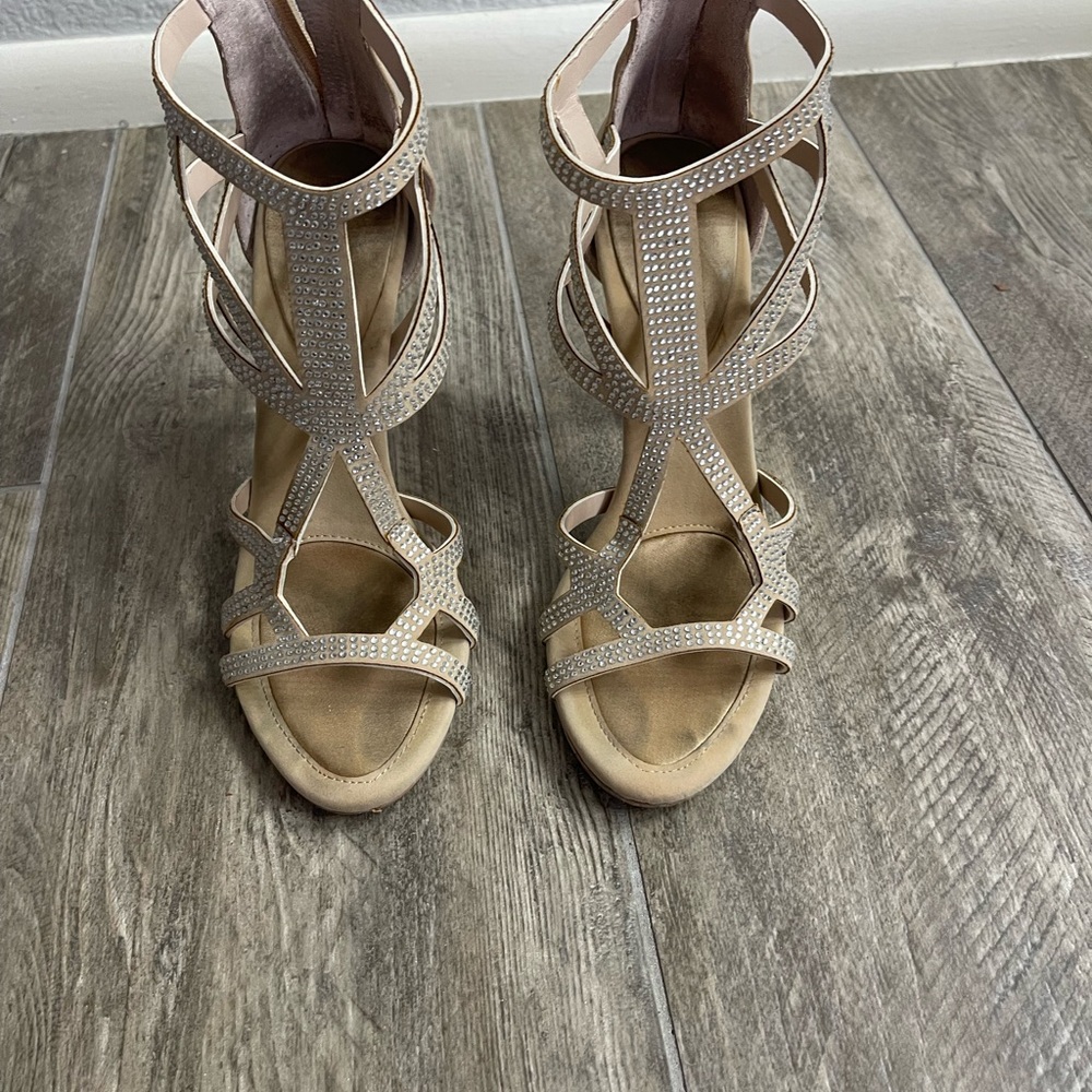 BCBGeneration Tan Peep-Toe Heels with Ankle Strap